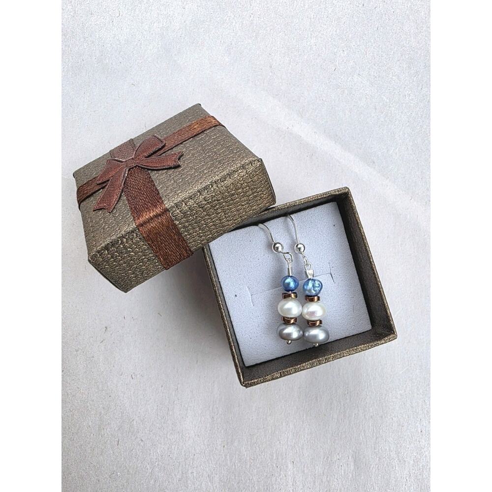 New Sterling Silver Dangle Earrings White Silver Blue Genuine Pearl Stamped 925